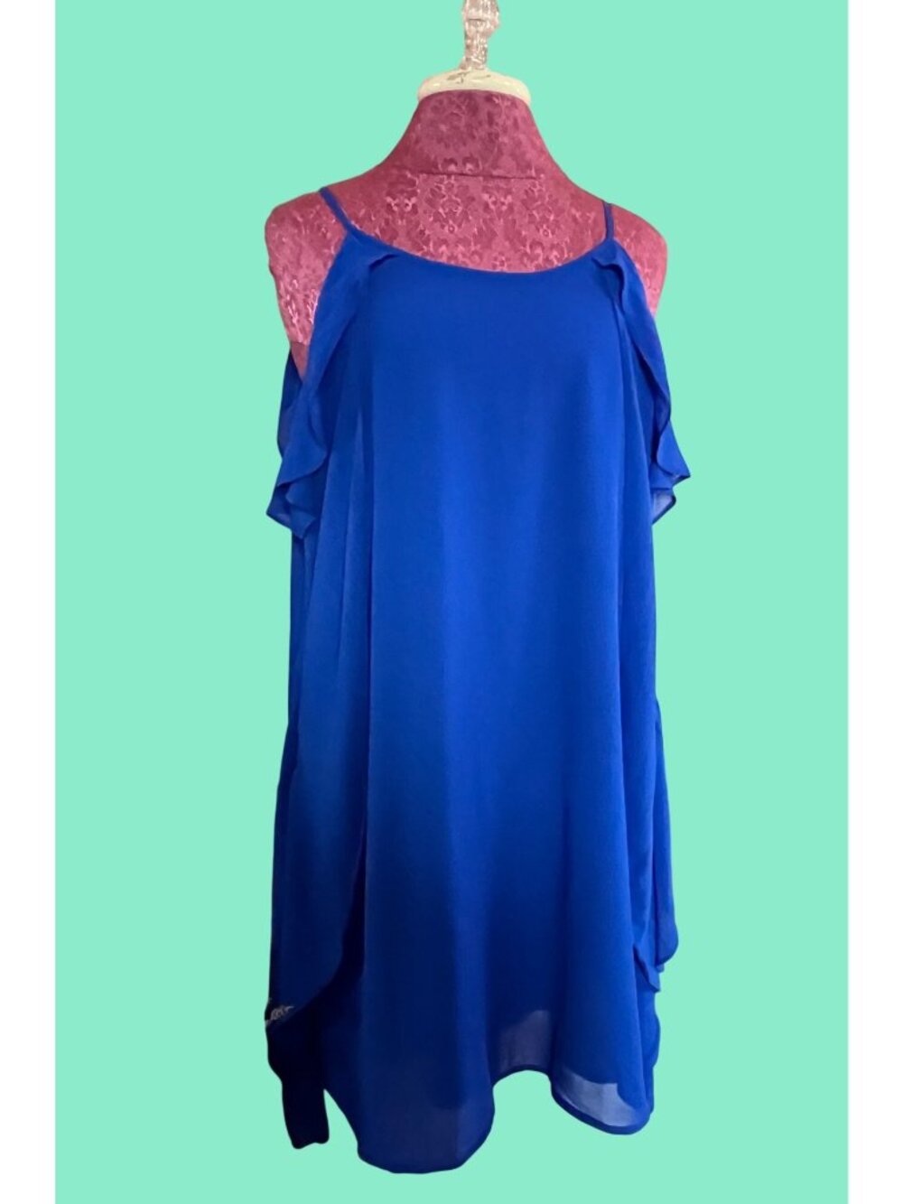 Blue Ruffled Cold Shoulder Chiffon Dress With Tie Back Detail Lightweight & Flow
